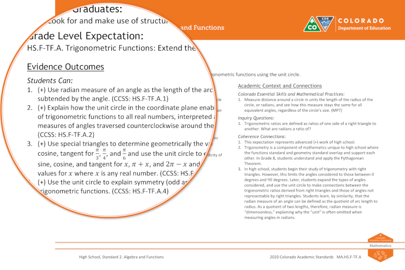 Image highlighting the advanced high school evidence outcomes in the 2020 mathematics standards