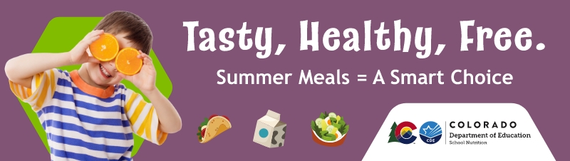 Tasty Healthy Free; Summer Meals = A Smart Choice; purple background
